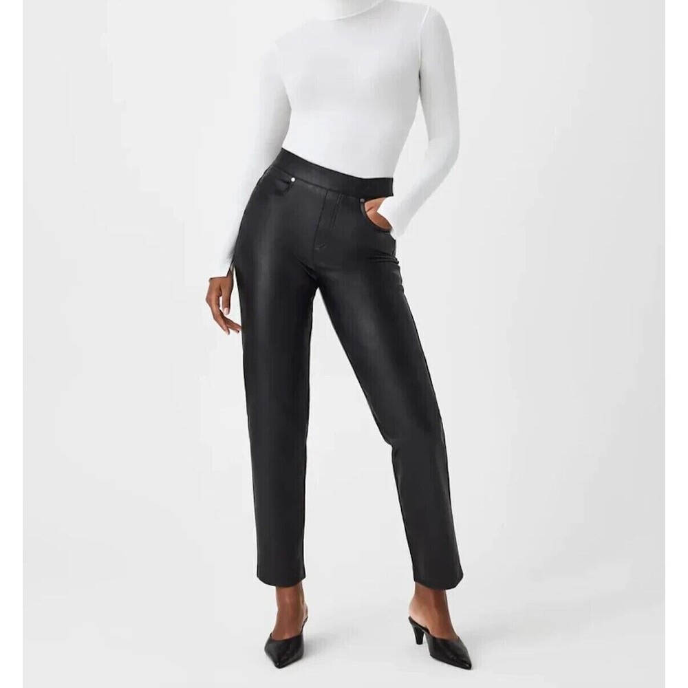 NWT SPANX Women's Slim Straight Pant Black Petite M Faux Leather Pockets